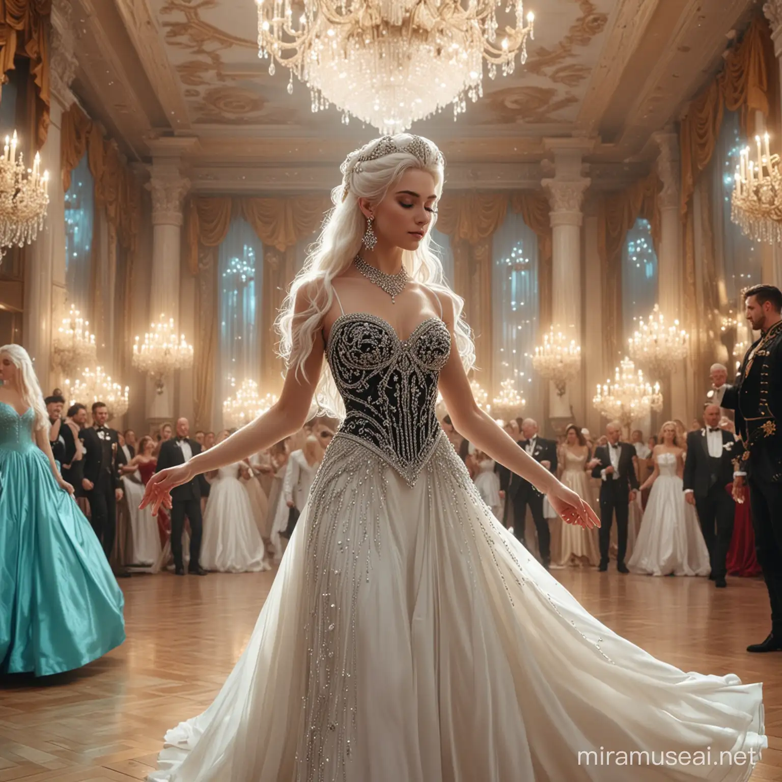 Fantasy Art Elegant Princess and Prince Wedding Dance in Turquoise Ballroom