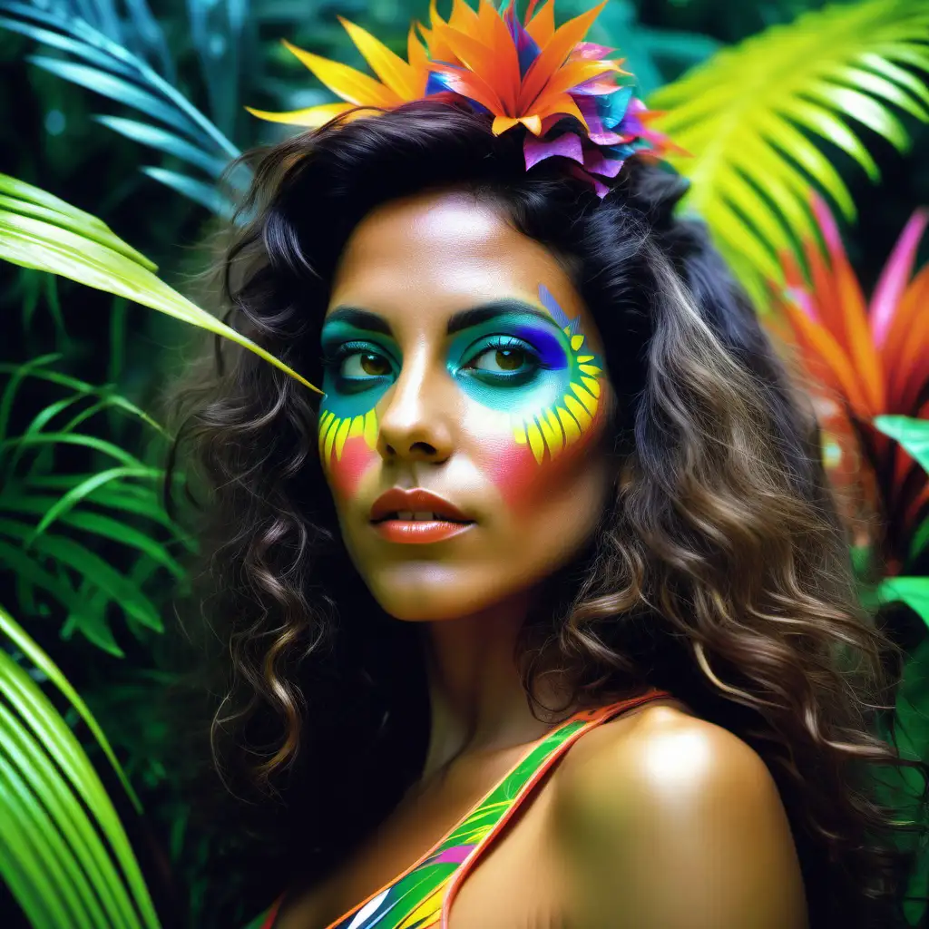 Futuristic Jungle Woman with Neon Makeup Vibrant 1980s Style CloseUp