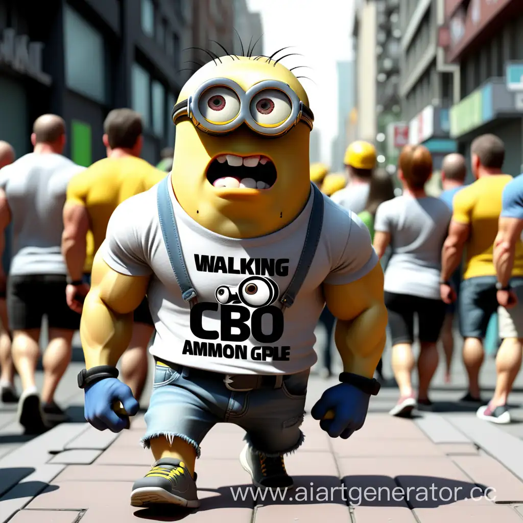 Very Musculed minion in a T-shirt with the inscription CBO Walking among people in city