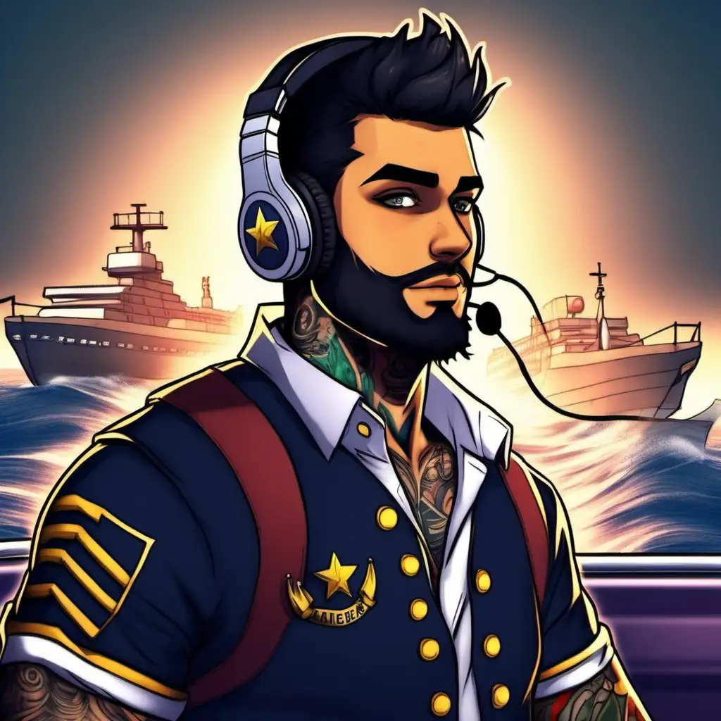OC, gamer profile style picture, average, tattoos,  short beard, fps gamer, headphones, dark hair, Italian, darker skin, ship captain