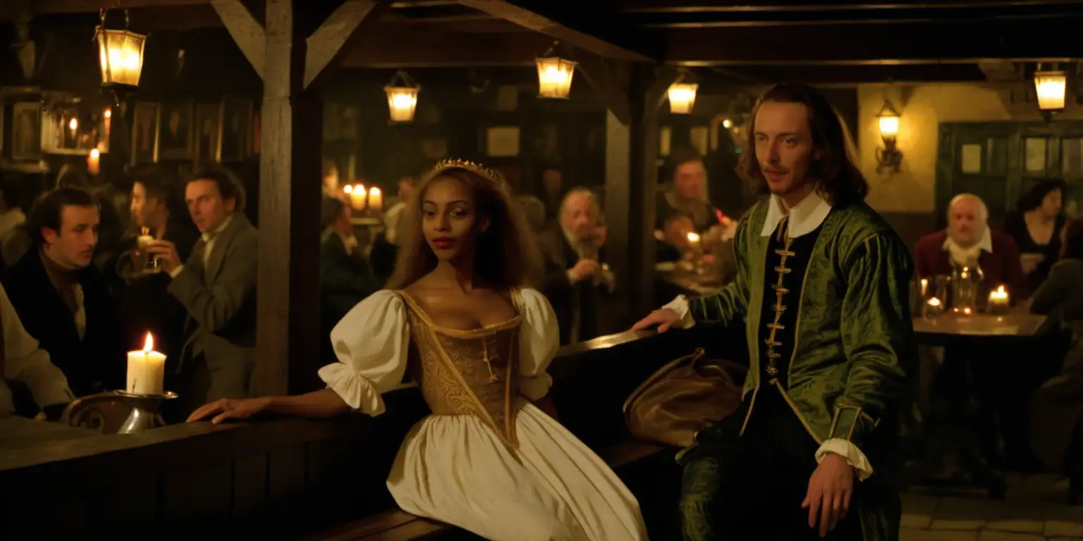 A color photo of an attractive Henry Wriothesley sat at a bench next to an attractive Abyssinian woman. Set in a pub with exposed wooden beams. It is night time, Candles light the pub. In the distance, a 26-year-old William Shakespeare is dancing in the pub.  the pub is full of eccentric paupers.  the year is 1595.
