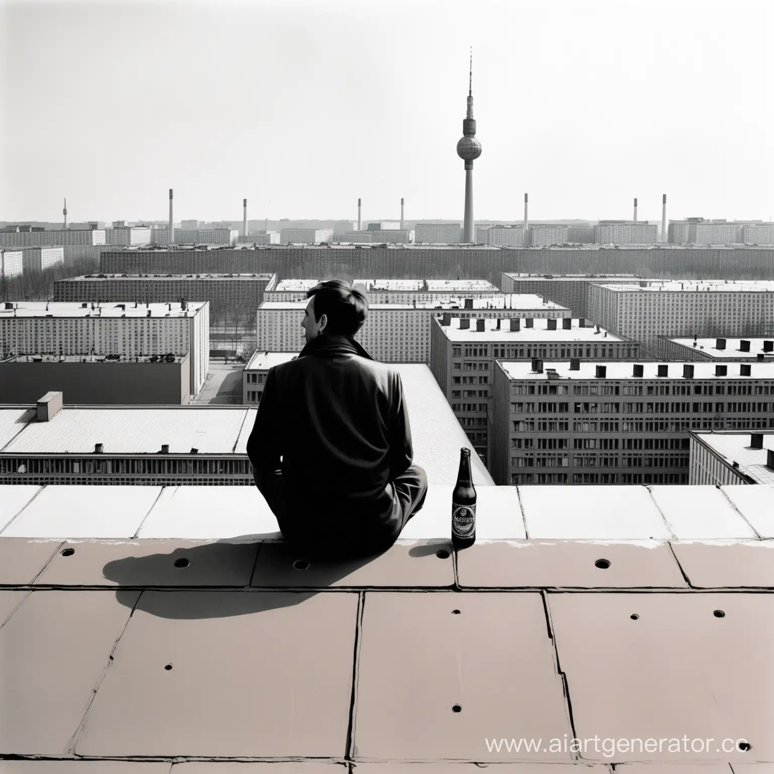 Man-Enjoying-Scenic-View-of-East-Germany-from-Rooftop-with-Beer