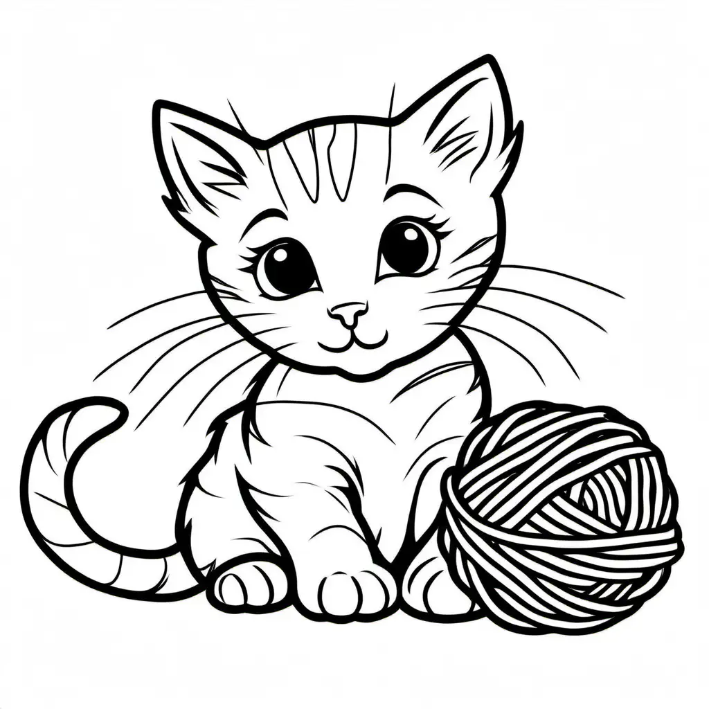a kitten playing with a ball of yarn, Coloring Page, black and white, line art, white background, Simplicity, Ample White Space. The background of the coloring page is plain white to make it easy for young children to color within the lines. The outlines of all the subjects are easy to distinguish, making it simple for kids to color without too much difficulty
