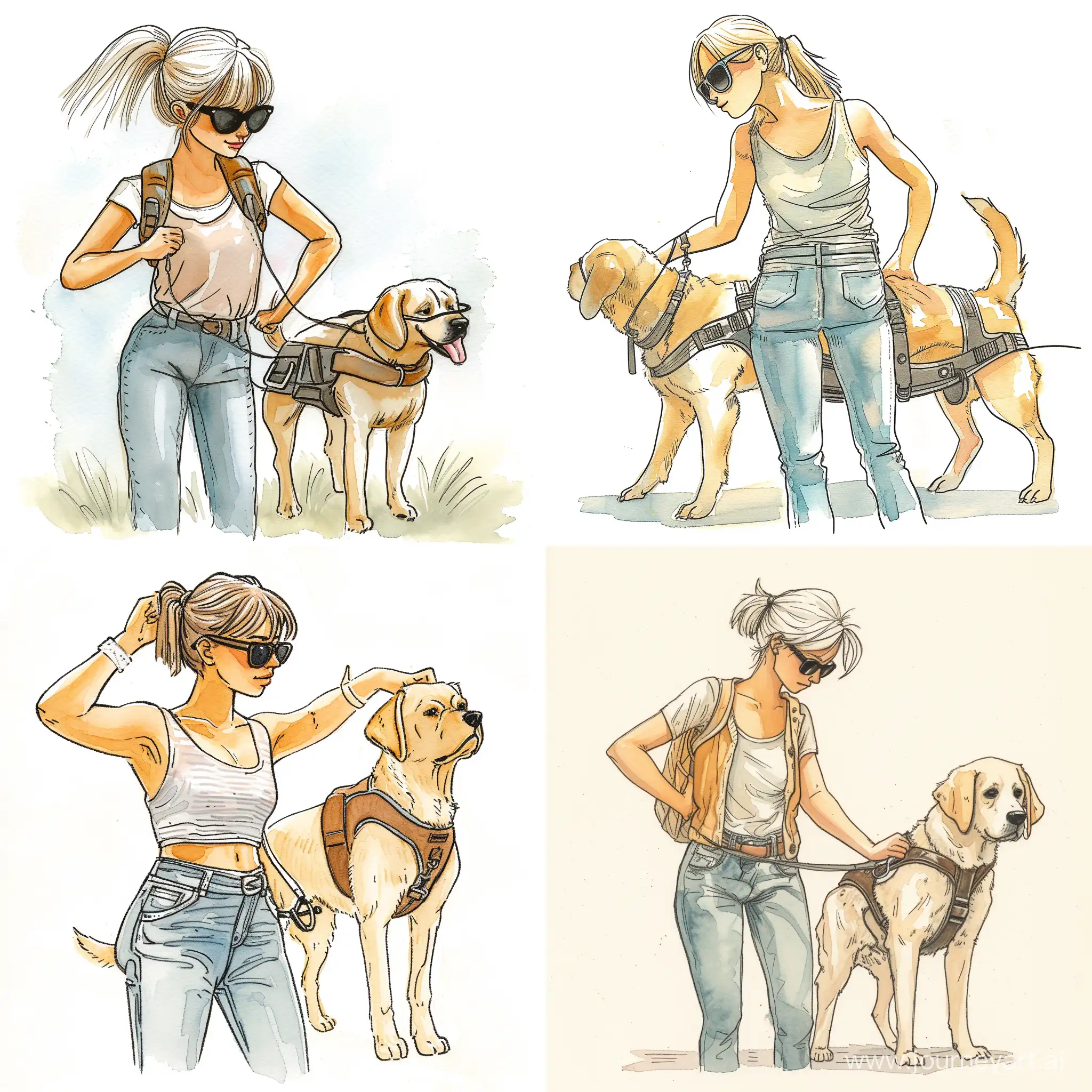 Visually-Impaired-Woman-Preparing-Guide-Dog-for-Outing-in-Watercolor-Childrens-Book-Style