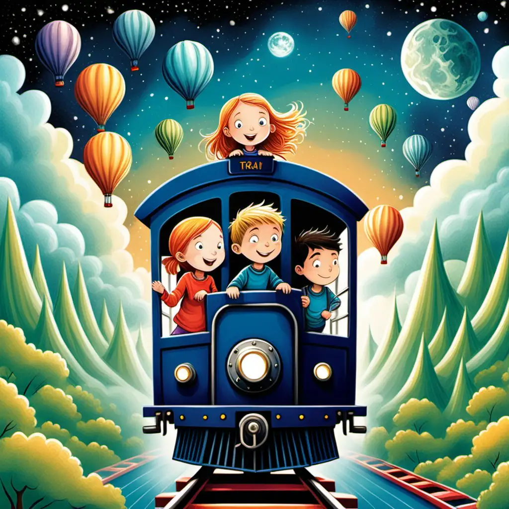 kinderbuchgeschichte, zwei Jungs und zwei Mädchen fahren in einem zug durch eine Traumwelt