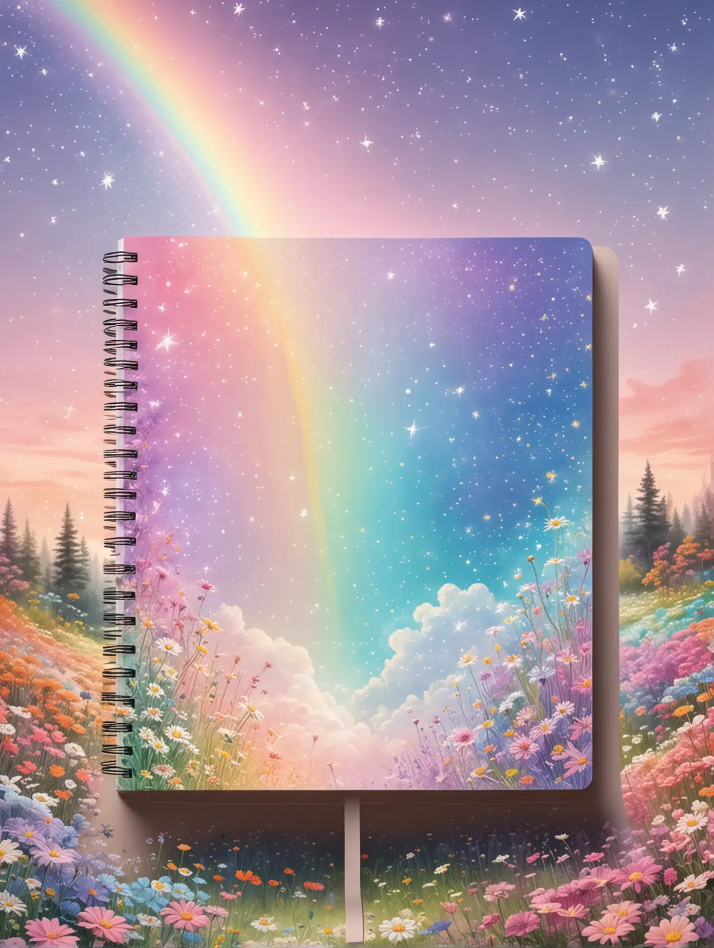 A notebook in a pastel rainbow garden on earth, that opens a portal to a bright white and rainbow magical starry sky