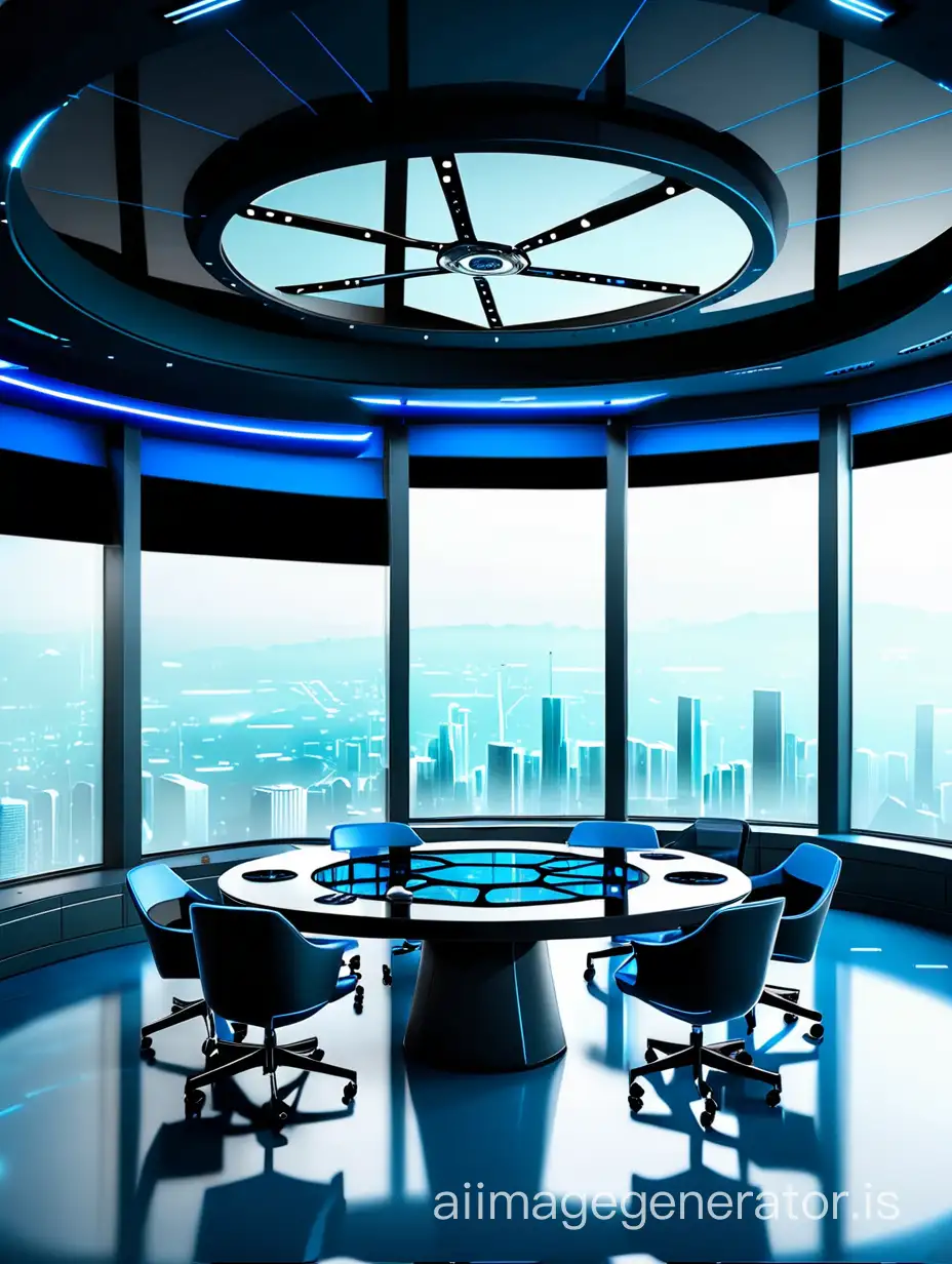 A private and futuristic conference room with a high ceiling. In the background there is a single panoramic window that simply shows a black area. Left and right displays and sensors. In the middle is a round glass table. The whole thing in soft dark blue light.