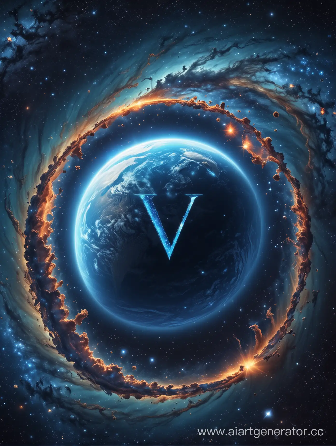 Vibrant-Blue-Planet-with-Letter-V-in-the-Cosmos