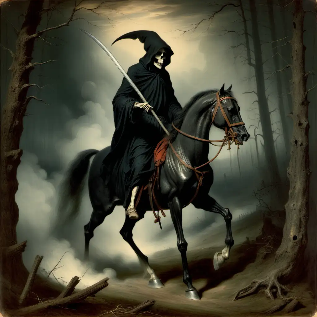 Ethereal Encounter Grim Reaper Riding Through 19th Century Forest