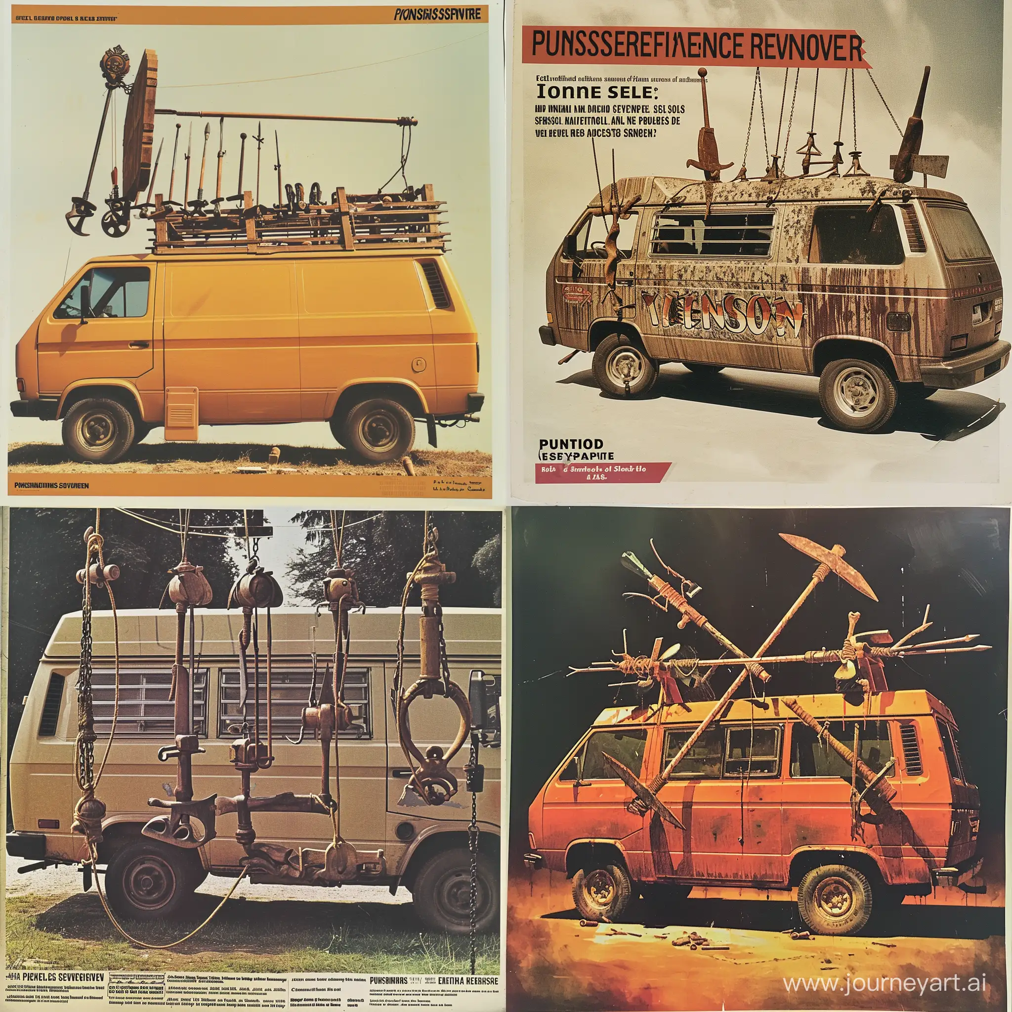 1980s ad for delivery service of a van offering ((PUNISHMENT SERVICES)) with medieval tools used for punishment and unpleasantness 