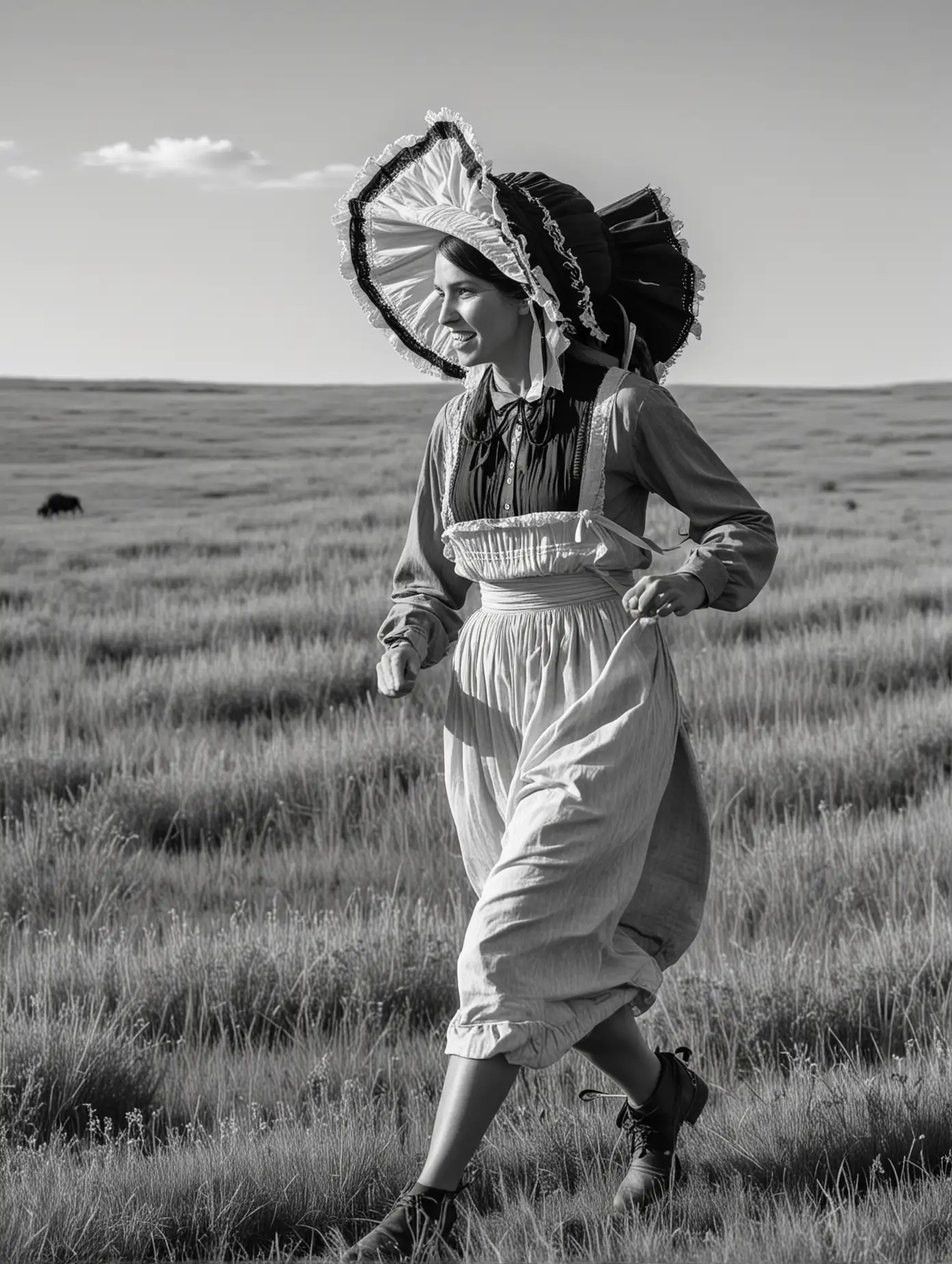 American Pioneer Woman Running Through Prairie with Buffalo in Black and White