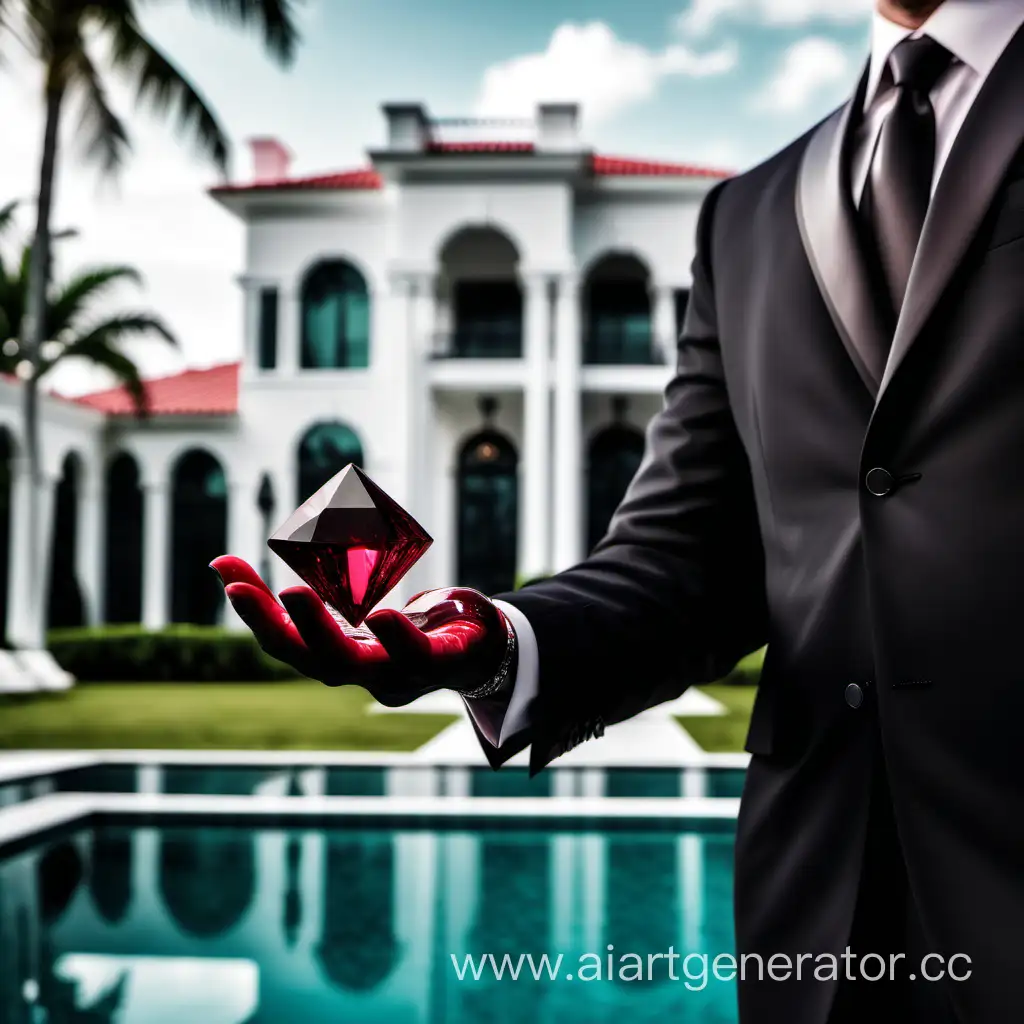 Luxurious-Miami-Mansion-Businessman-Holding-Crystal-Ruby-by-DollarFilled-Pool