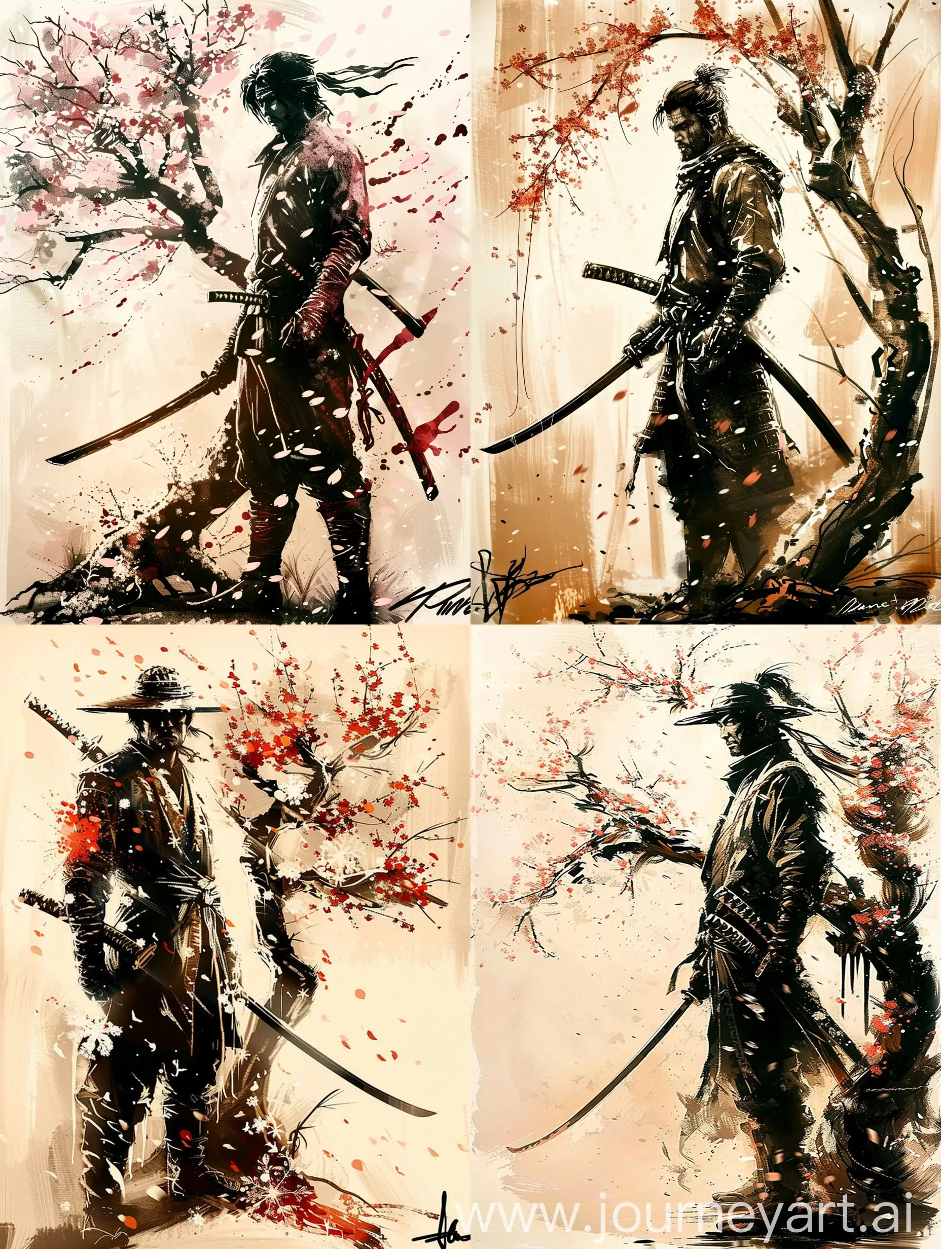 Samurai-Warrior-in-Winter-Combat-Stance-by-Ancient-Cherry-Blossom-Tree