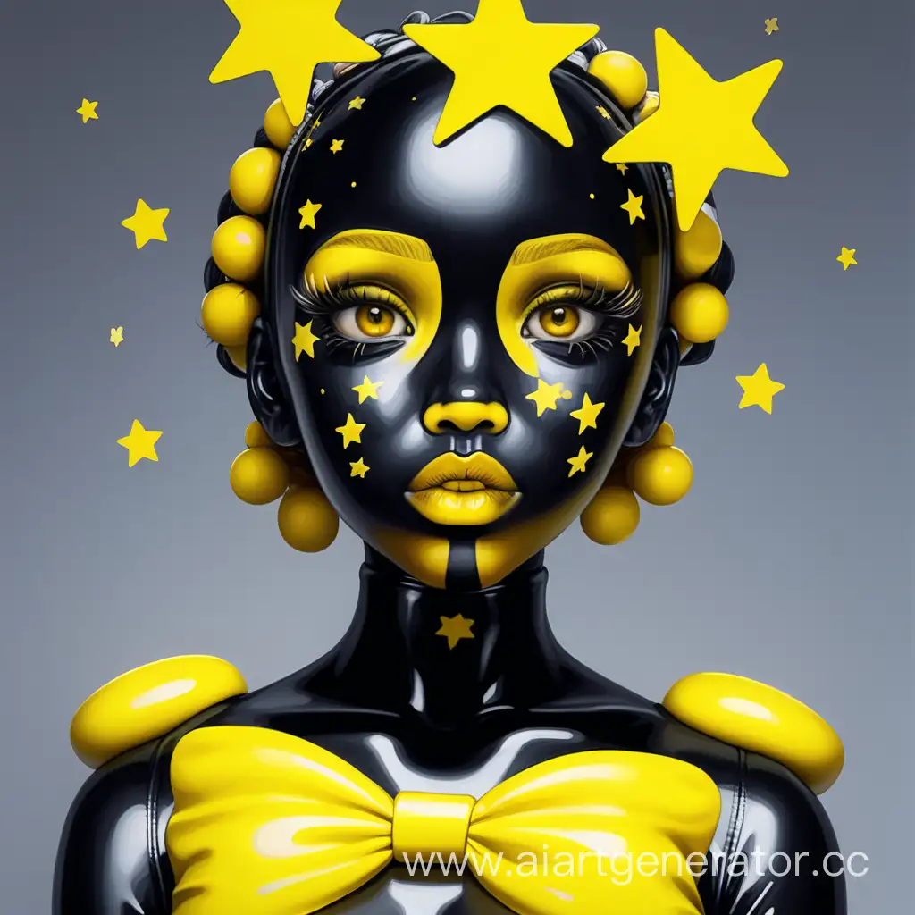 
Латексная девушка с черной латексной кожей с черным латексным лицом в желтом резиновом парике с желтыми звездочками на щеках. Изображение сделать в милой стилистике