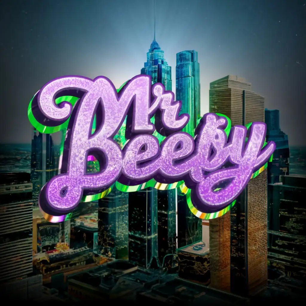 LOGO-Design-For-Mr-Beefy-Bold-3D-Text-in-Purple-and-Green-Glitter-with-Cityscape-and-Cash-Theme