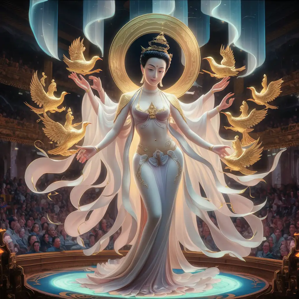 Futuristic-Bodhisattva-Radiating-Wisdom-in-White-Robes-Amidst-Golden-Immortals-and-Relic-Birds