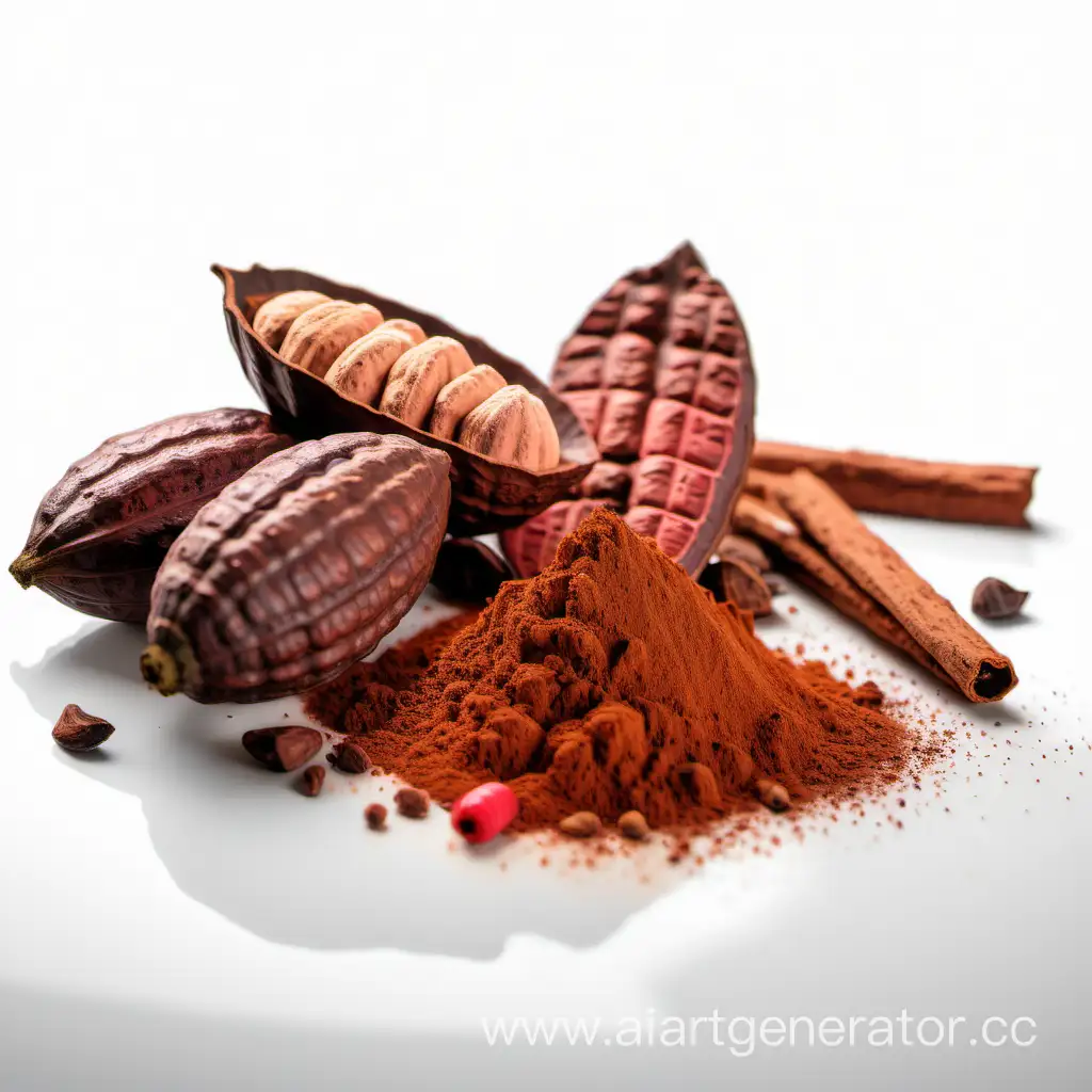 cacao and spice on white background