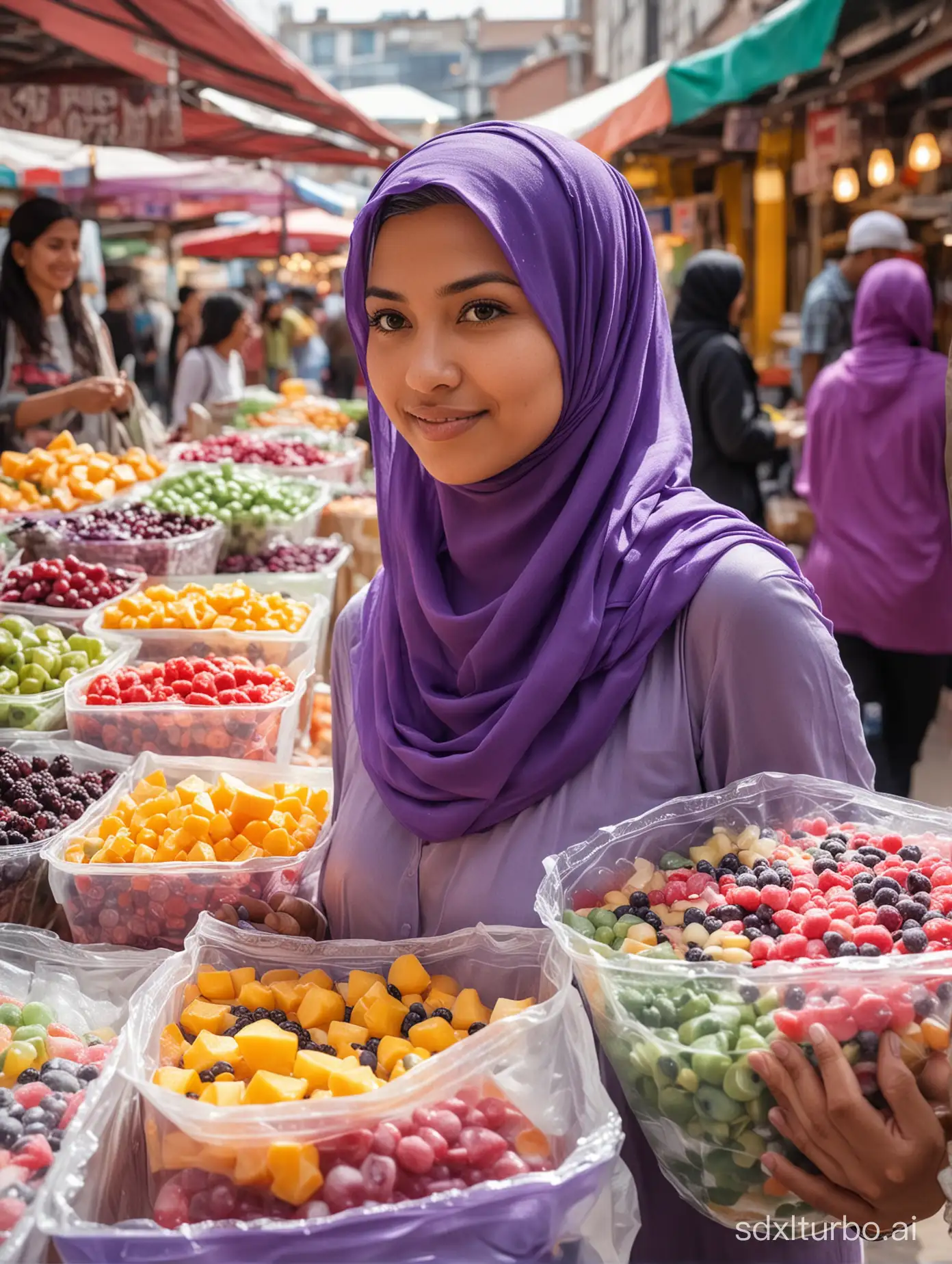 A woman shops at the market, holding a large transparent plastic bag full of colorful fruit soup and giant Boba ice. She wore a purple top and a purple hijab. The background is busy, showing a market atmosphere with people shopping and various goods being sold.