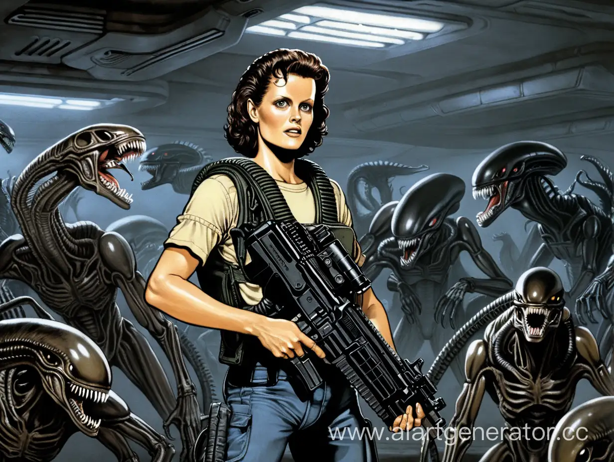 Ripley stands with a rifle in his hands in front of a group of xenomorphs