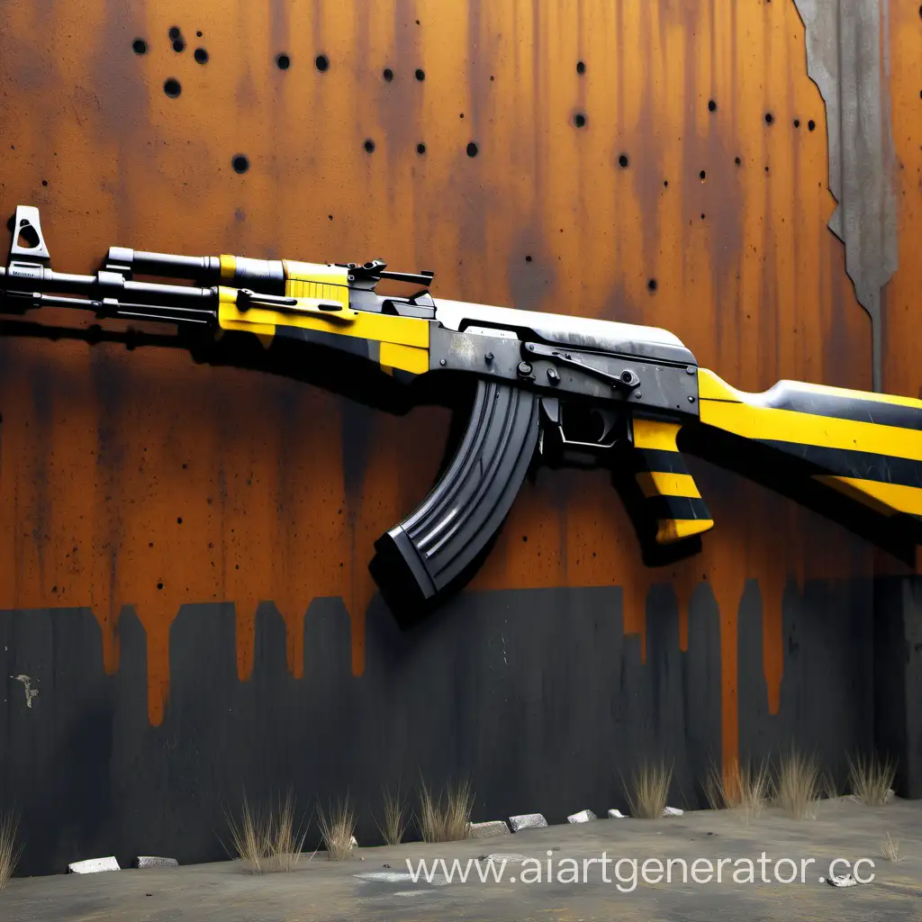 AK47-Rifle-Against-Rusty-Metal-Walls-Black-and-Yellow-Striped-Weapon-in-4K-Resolution