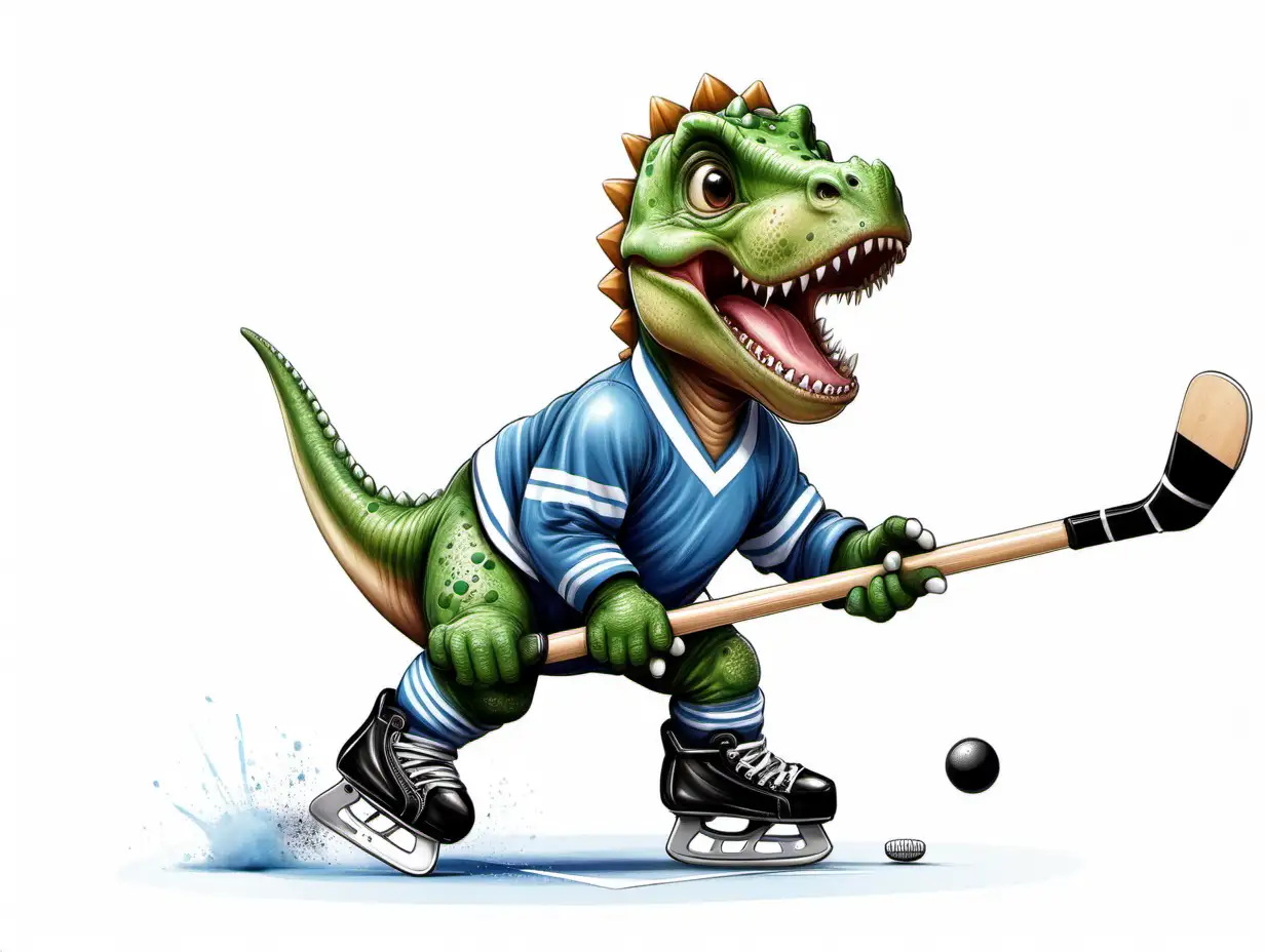 Adorable Baby Dino Playing Hockey in a Whimsical Caricature on a White Background