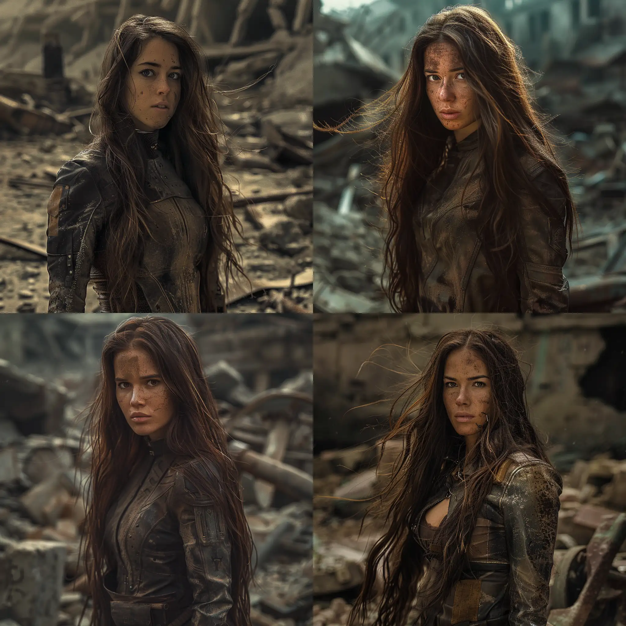 a woman with long brown hair. post apocalyptic. she is dusty and dirty. she wearing in a leather outfit, the woman is standing in front of ruins,  cinematic photo with dramatic lighting, hyper-realistic textures, moody, dark, very detailed, futuristic post-apocalyptic, cinematic, HDR, 8k, cinematic shot, professional color grading, volumetric lighting, sharp focus, film grain, high dynamic range, dramatic lighting, realistic textures:
