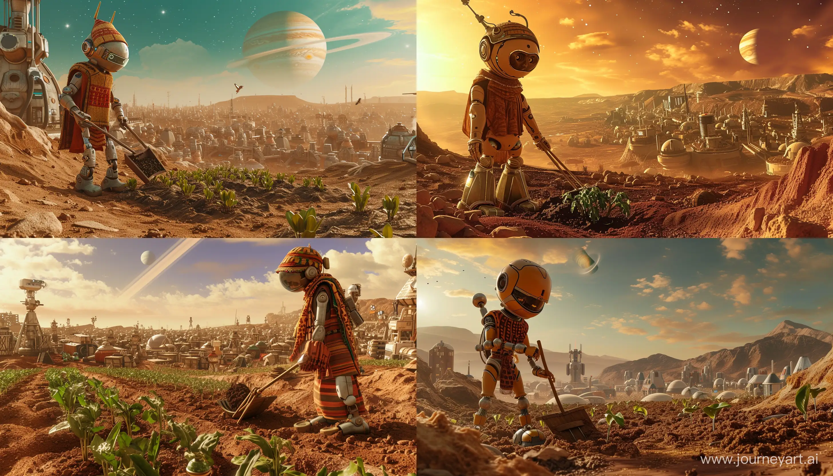 Futuristic-Martian-Cityscape-with-Jupiter-Rebel-Moon-Robot-Jimmy-Farming-and-Traditional-Attire