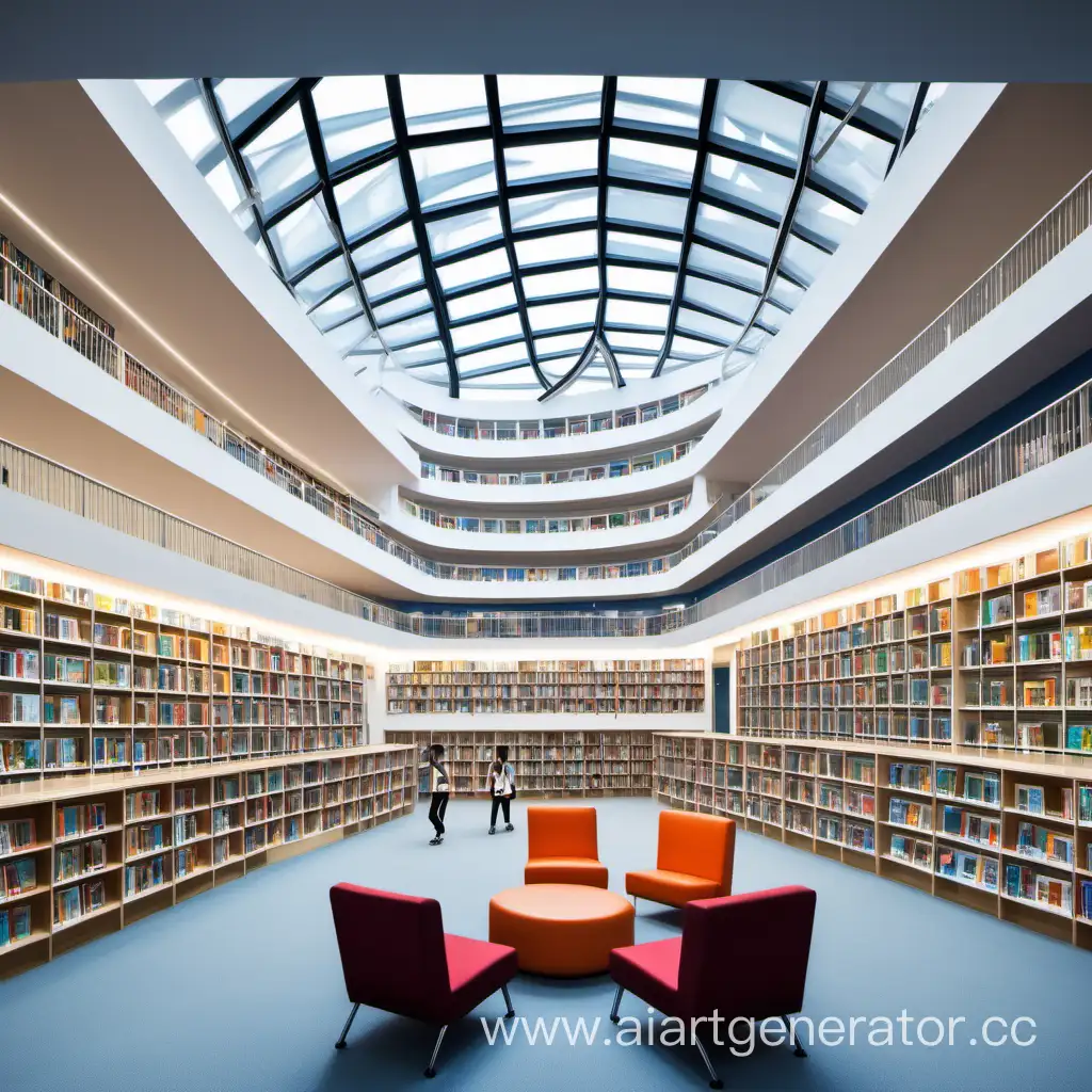 в этой школе большая и светлая библиотека с местами для чтения в стиле модерн чтобы студенты имели доступ к большинству книг в разных жанрах
