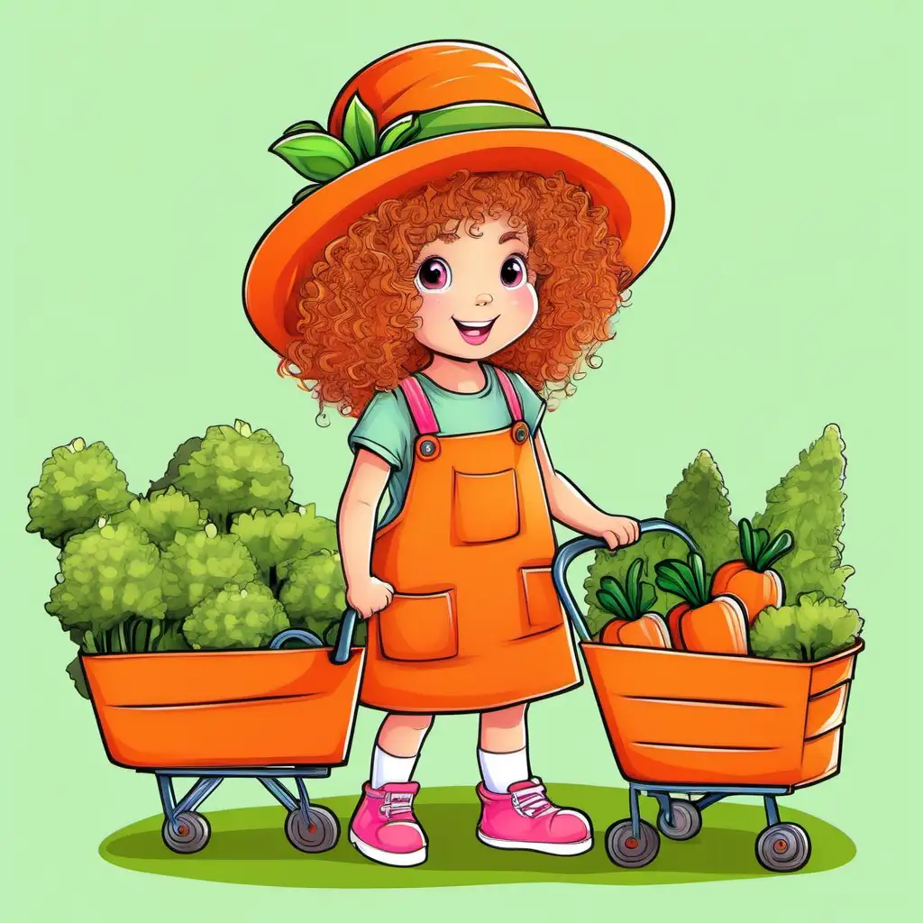 Adorable CurlyHaired Girl Wearing a Carrot Cart Hat in a Charming Garden Cartoon