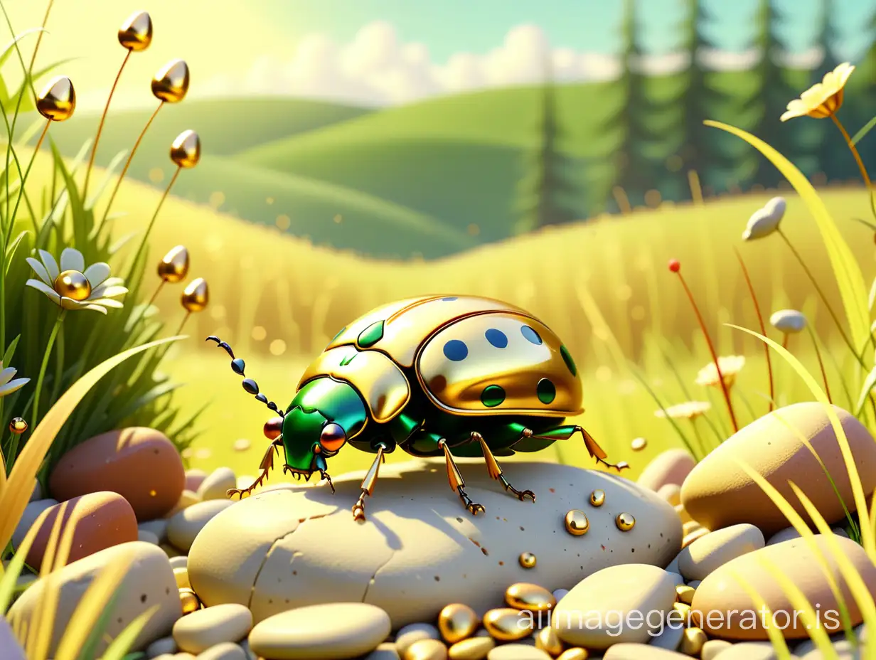 Fairy tale style. A very small golden cartoon beetle pushes small stones. In the background is a beautiful meadow. The time was noon. Hyper-real. aspect ratio 16:9
