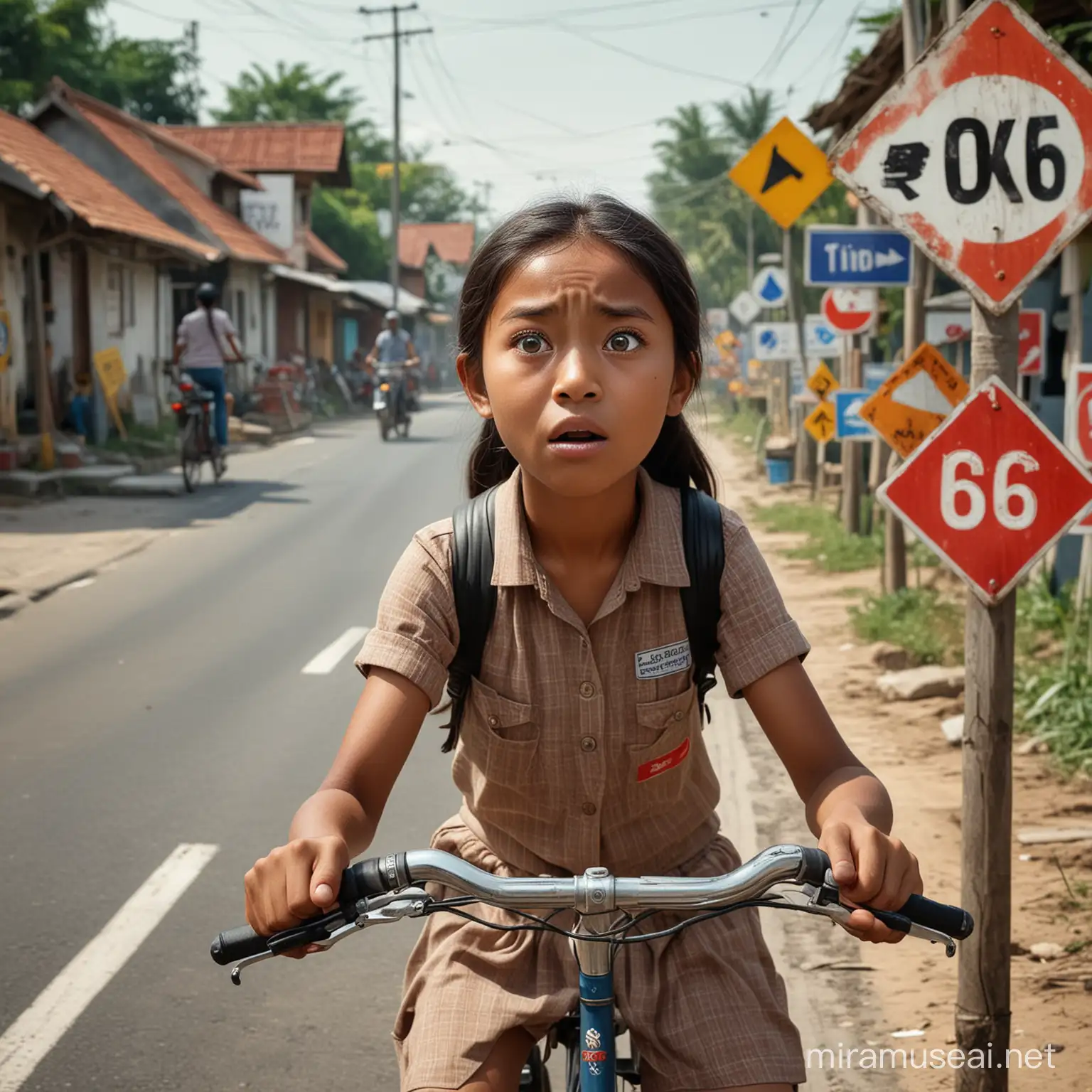 Seorang pengendara sepeda ontel (gadis Indonesia usia 12 tahun) putus asa di sebuah jalan desa kecil dengan banyak Rambu lalu lintas.  Pengendara punya wajah ketakutan dan matanya besar. Dia melihat ke samping pada tanda-tanda. hari yang cerah. Mahakarya, fotorealistik, hyperdetailed, hyperrealisme, 10k,