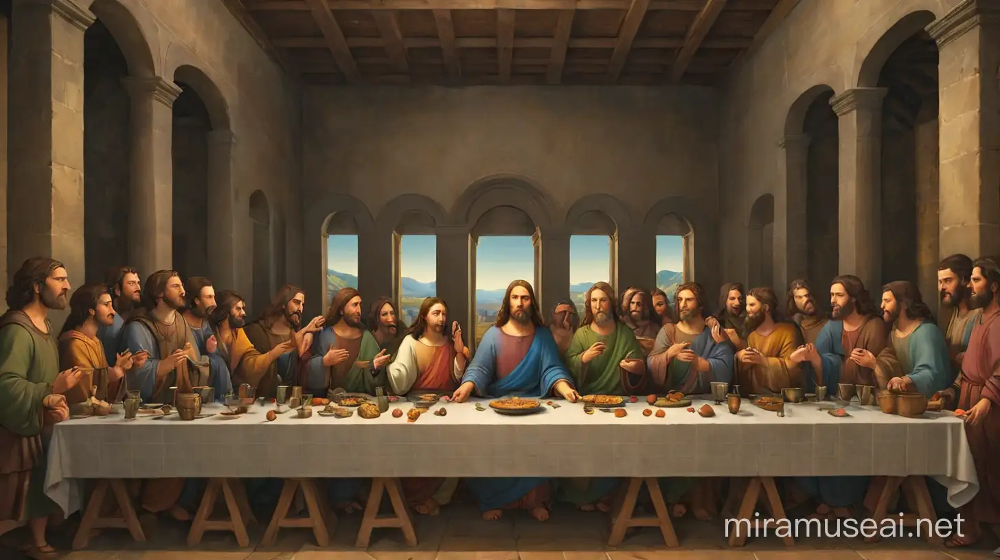 3D illustrator of an animated scene of  da vinci standing in front this painting ,the last supper, in past tense