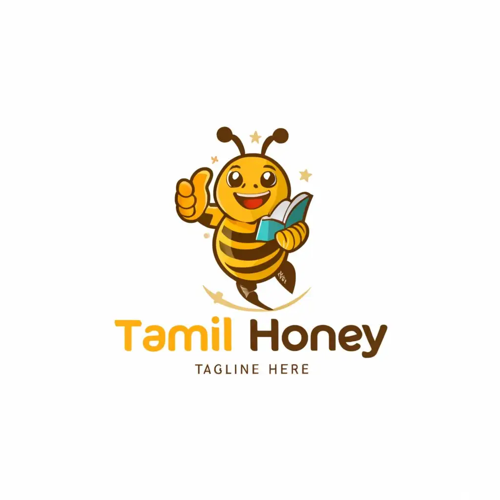 a logo design,with the text "Tamil honey", main symbol:BEE WITH A BOOK IN LEFT HAND SHOWING RIGHT THUMB THEN THE LOGONAME DISPLAY WILL BE IN BOLD LETTERS WITH THE SAME SIZE OF BEE.,Moderate,be used in Home Family industry,clear background