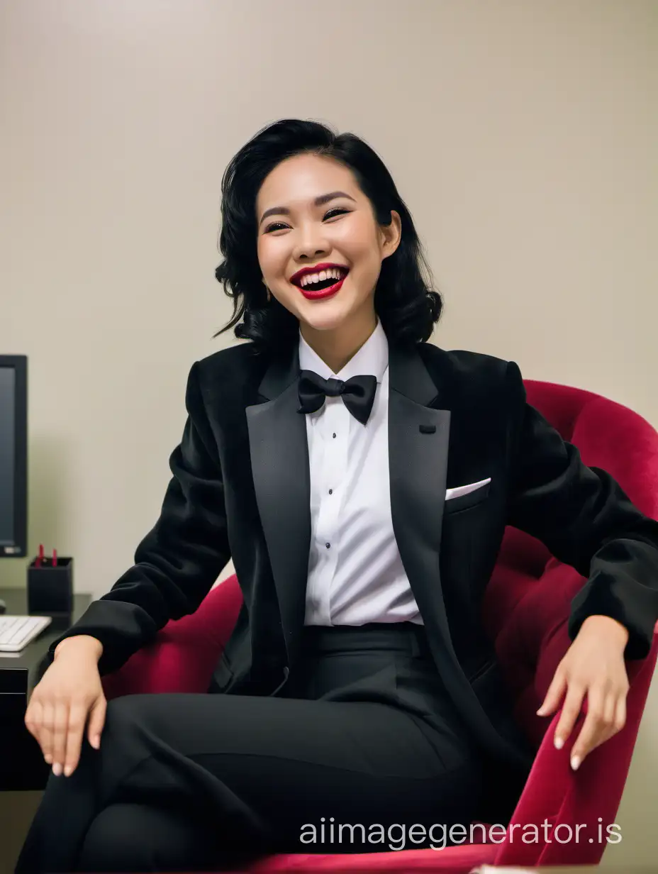 A Vietnamese woman is wearing a tuxedo.  She is sitting in a plush chair behind a desk. her jacket is open.  She is wearing pants.  She is smiling and laughing.  She is wearing lipstick.  She has shoulder length black hair.