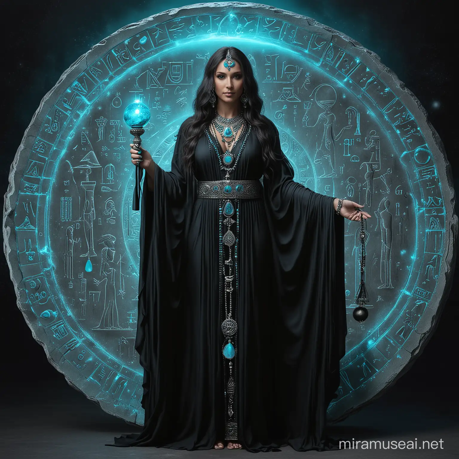 Enigmatic Dark Magic Goddess with Turquoise Orb