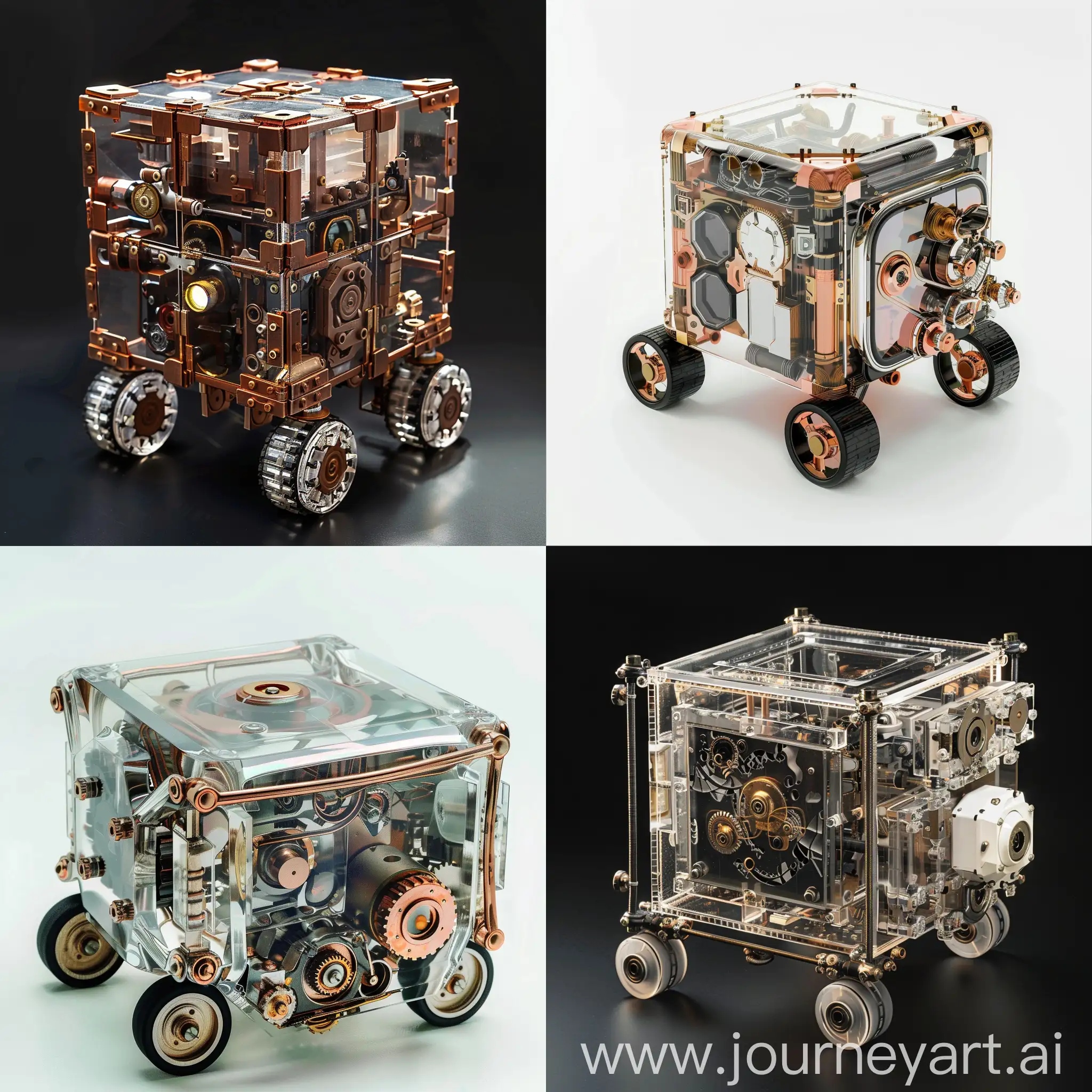 robot cube on wheels with transparent inserts and 4x4x4 centimeters steampunk