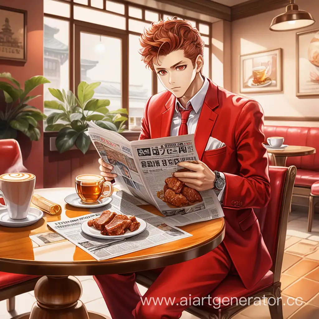 A man in a red suit is sitting at a coffee table, drinking coffee and reading a newspaper, his eyes are looking at the newspaper, there is a plate of fried meat in honey sauce on the table, a cafe area, anime style
