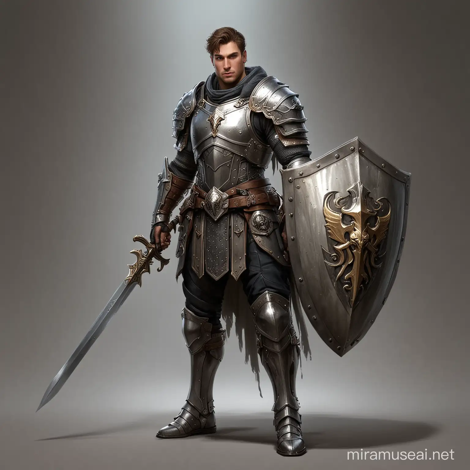 Military private, fantasy, human, male, heavy armor, sword & shield, paladin.