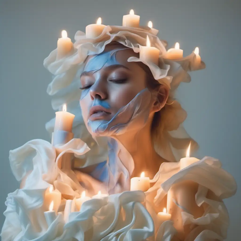 a model, having candles growing out of her skin, warm light, soft colors, wax flowing down , ruffles and fabric folds