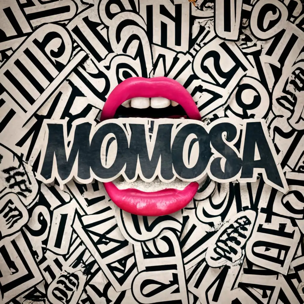 logo 8k UHD RENDER, MTV 2099 INSANE INSIDE WOMEN LIPS , with the text "MOMOSA", photorealistic typography Using aspects from the most successful LOGO's , be used in Entertainment industry