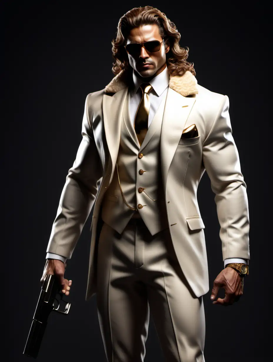 very muscular secret agent. adult male. light brown skin. very long wavey curly honey brown hair. tied back hair. stubble. marble. gold. white. suit and tie blended with athletic attire; zip up compression. dark sunglasses. brooding. gripping a gun in its holster. tight fitted suit showcasing his muscular body shape. dark gold fur trimmed shawl. mane. full body. wide shot. art by Neohou
