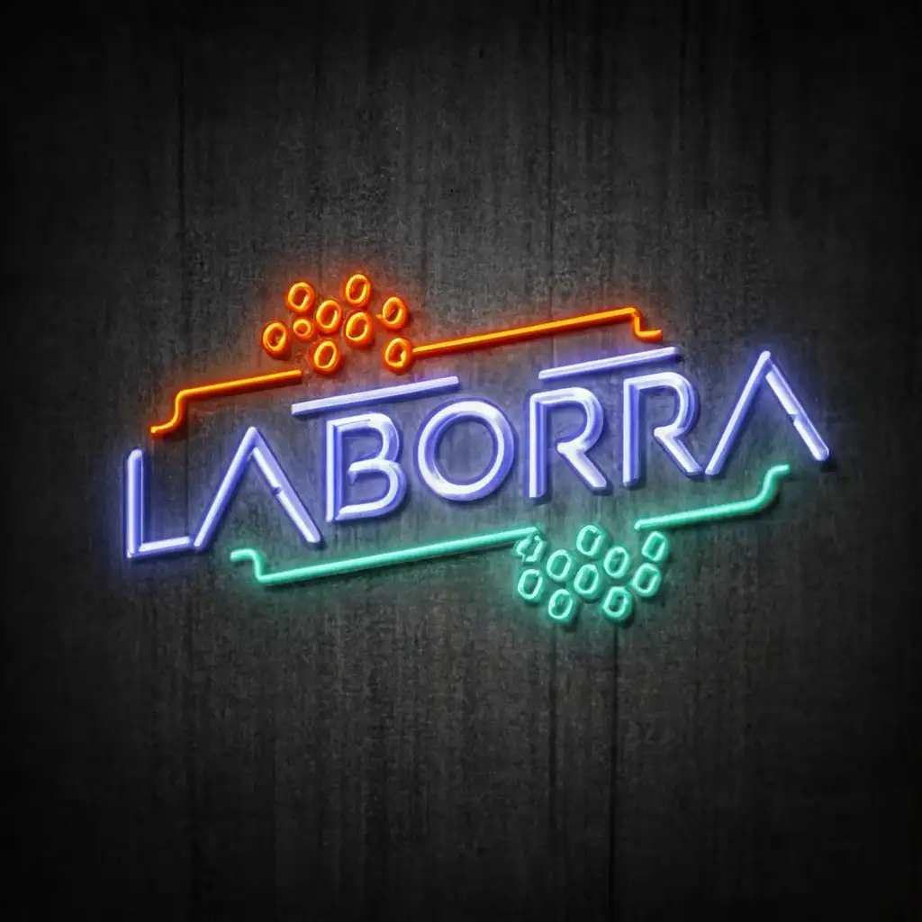 a logo design, with the text 'Laborra', main symbol: hi-tech text Laborra, second line neon handwrite text 'BELIN84', Moderate, London skyline photo background