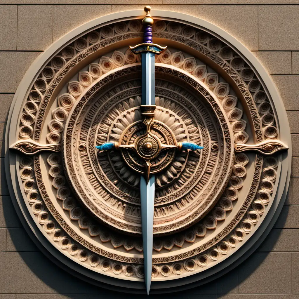 Bas relief rond mandala avec une épée au milieu 