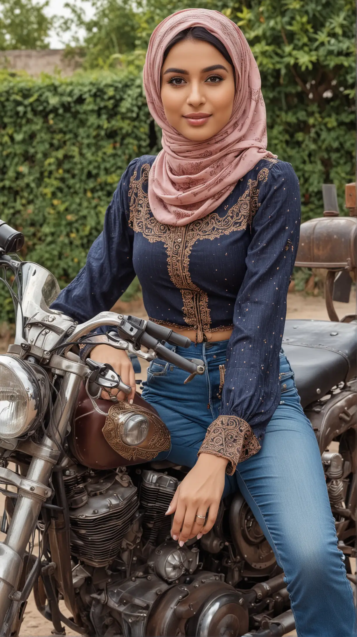 Perempuan cantik berhijab berbaju seksi dan celana jeans sedang duduk di motorcycle antik 