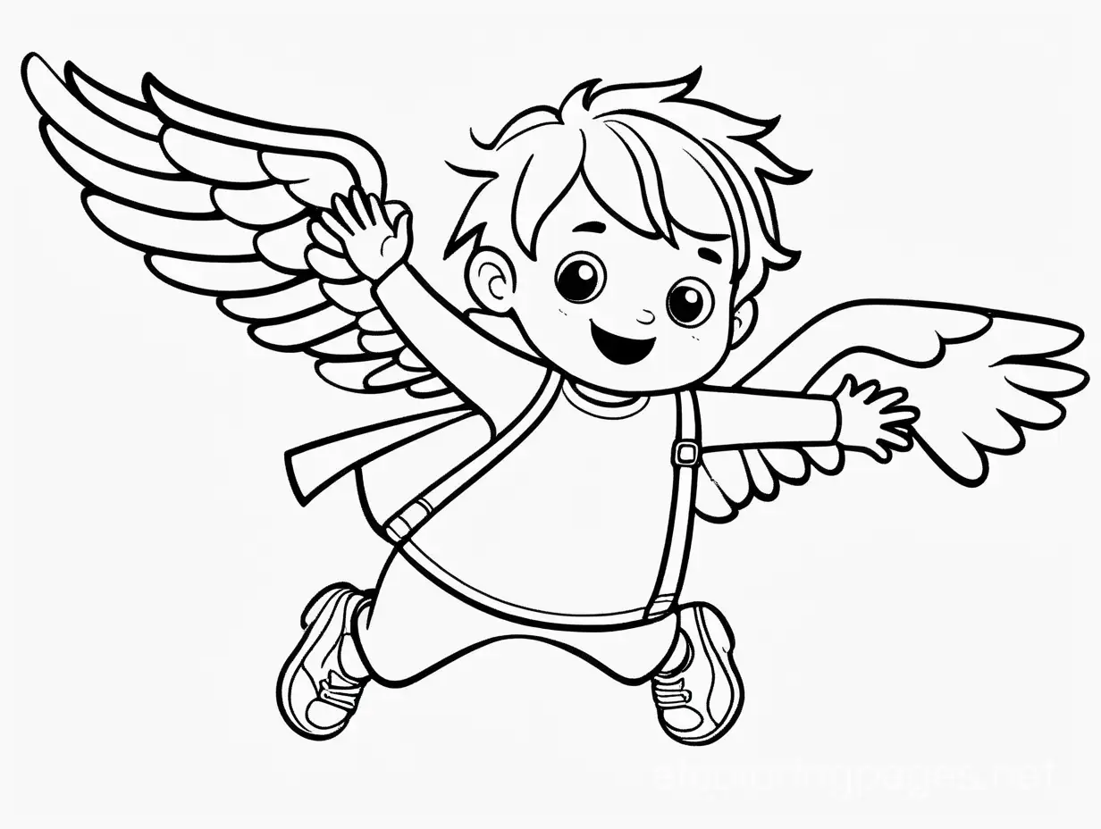 Child flying with wings, Coloring Page, black and white, line art, white background, Simplicity, Ample White Space. The background of the coloring page is plain white to make it easy for young children to color within the lines. The outlines of all the subjects are easy to distinguish, making it simple for kids to color without too much difficulty