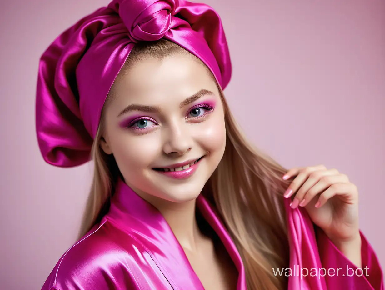Elegant-Yulia-Lipnitskaya-in-Luxurious-Pink-Silk-Robe-and-Towel-Turban
