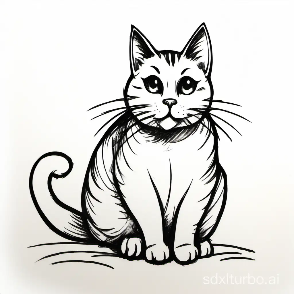 a simple hand drawn ink drawing of a cute cat sitting and facing the viewer, thick dark edges, rough inker pen style, white background,