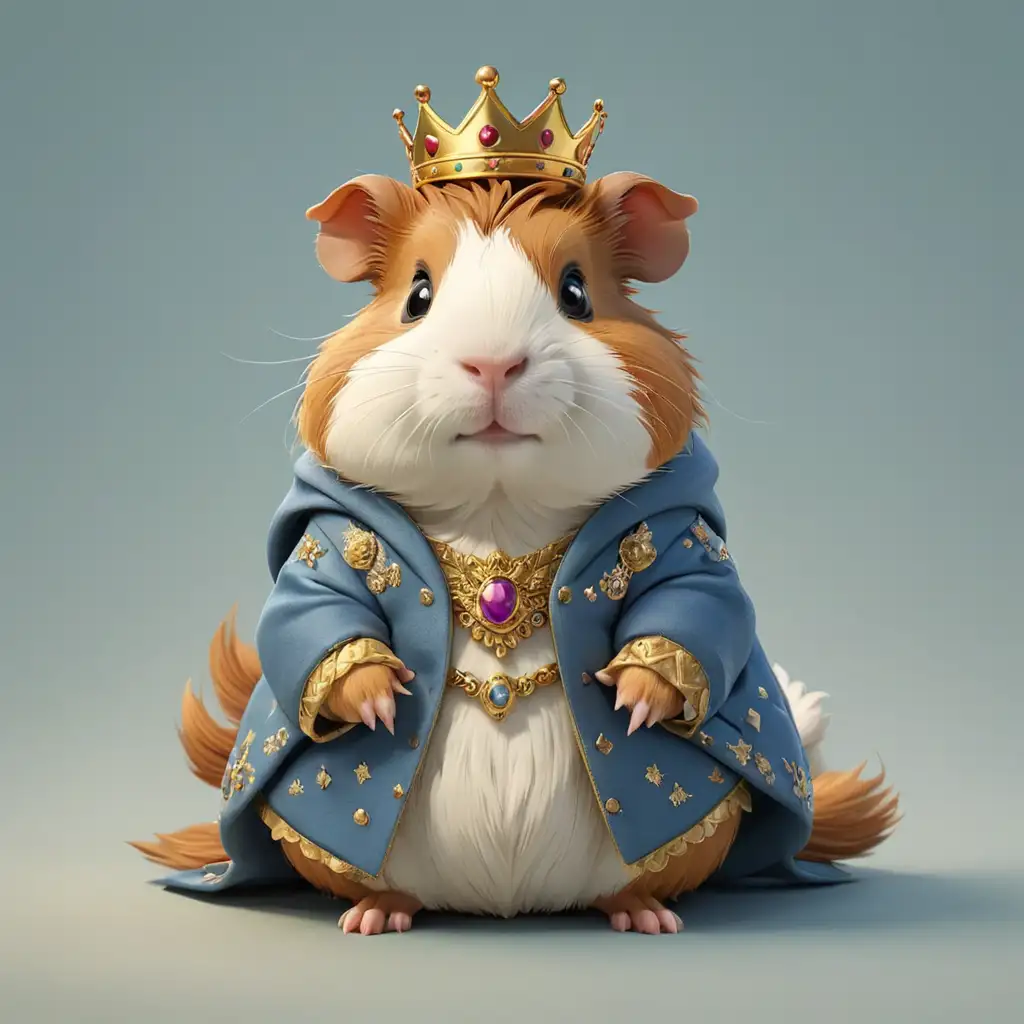 a cute Guinea pig in cartoon style in full body with Queen clothes with clear background