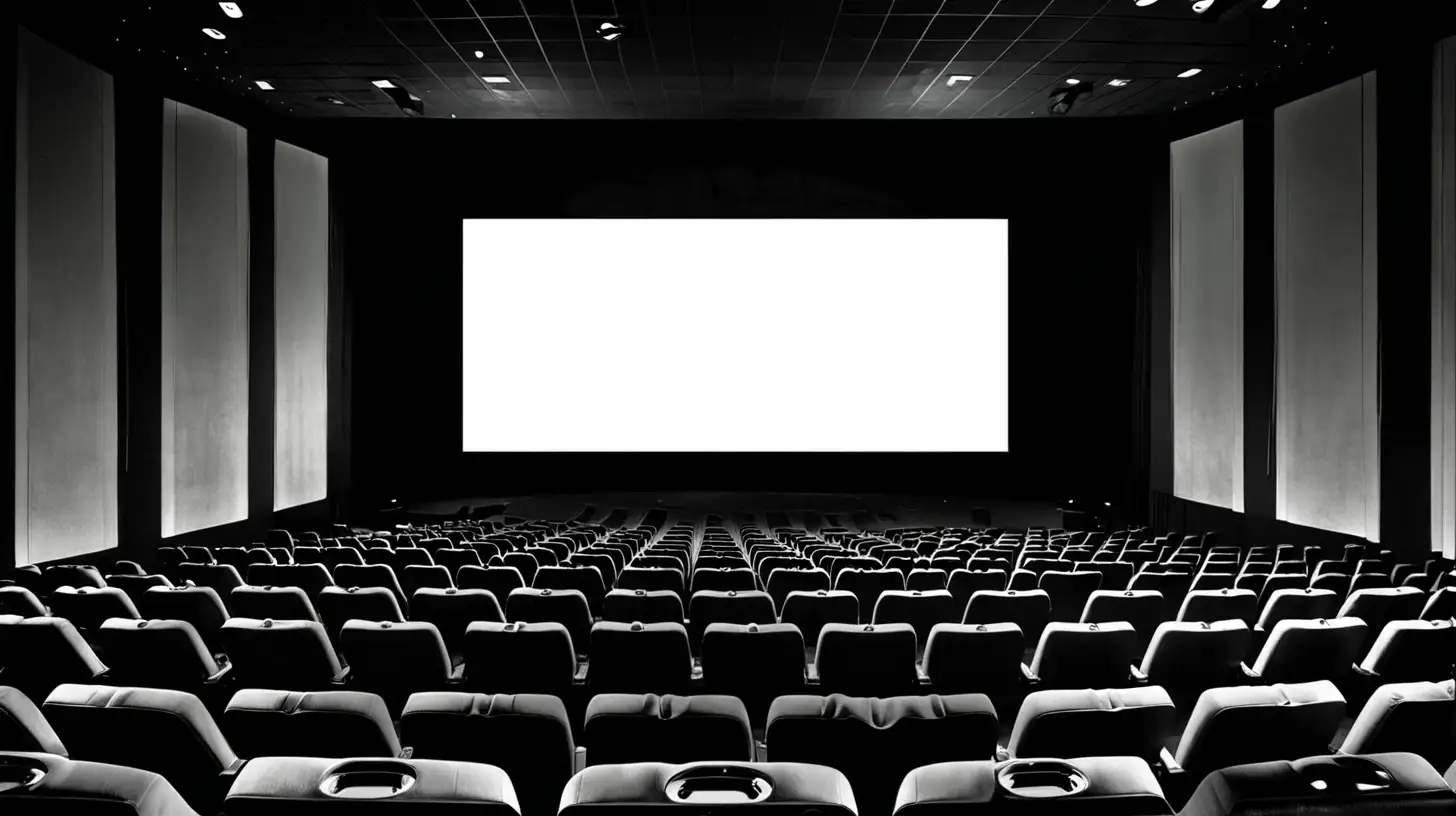 Interior of a darkened movie theater viewed from the front row of seats looking at the solid white screen. Full color, photographic quality.