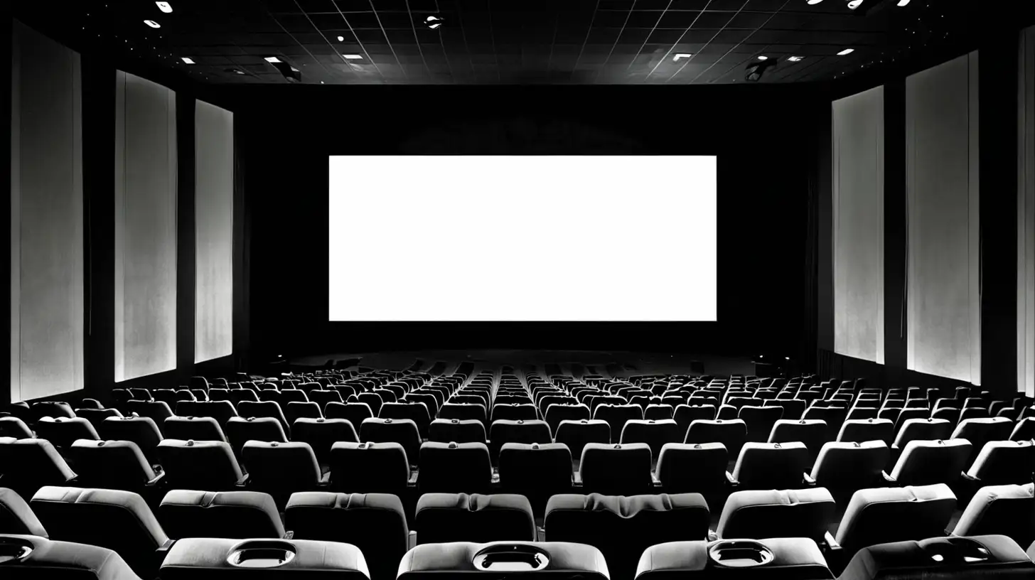 Darkened Movie Theater Interior with Front Row View of White Screen ...